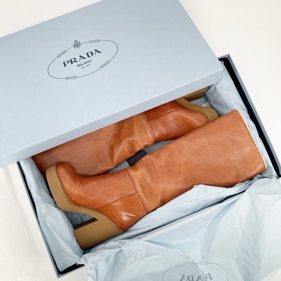 NWB Prada Cognac Shearling Lined Platform Chunky Block Heel Tall Boot IT 38 - Picture 15 of 15